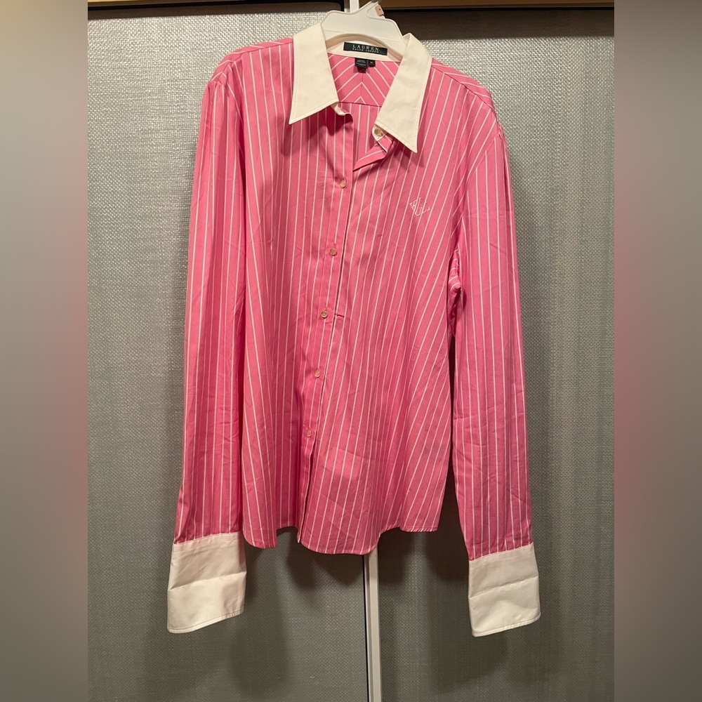 Lauren Ralph Lauren Pink & White Striped Button-Down Shirt W/Logo